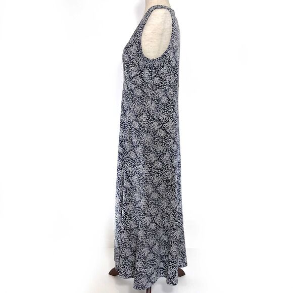 Liz Claiborne Navy Leaf Print Midi Dress Medium Stretch V-Neck - Picture 5 of 8